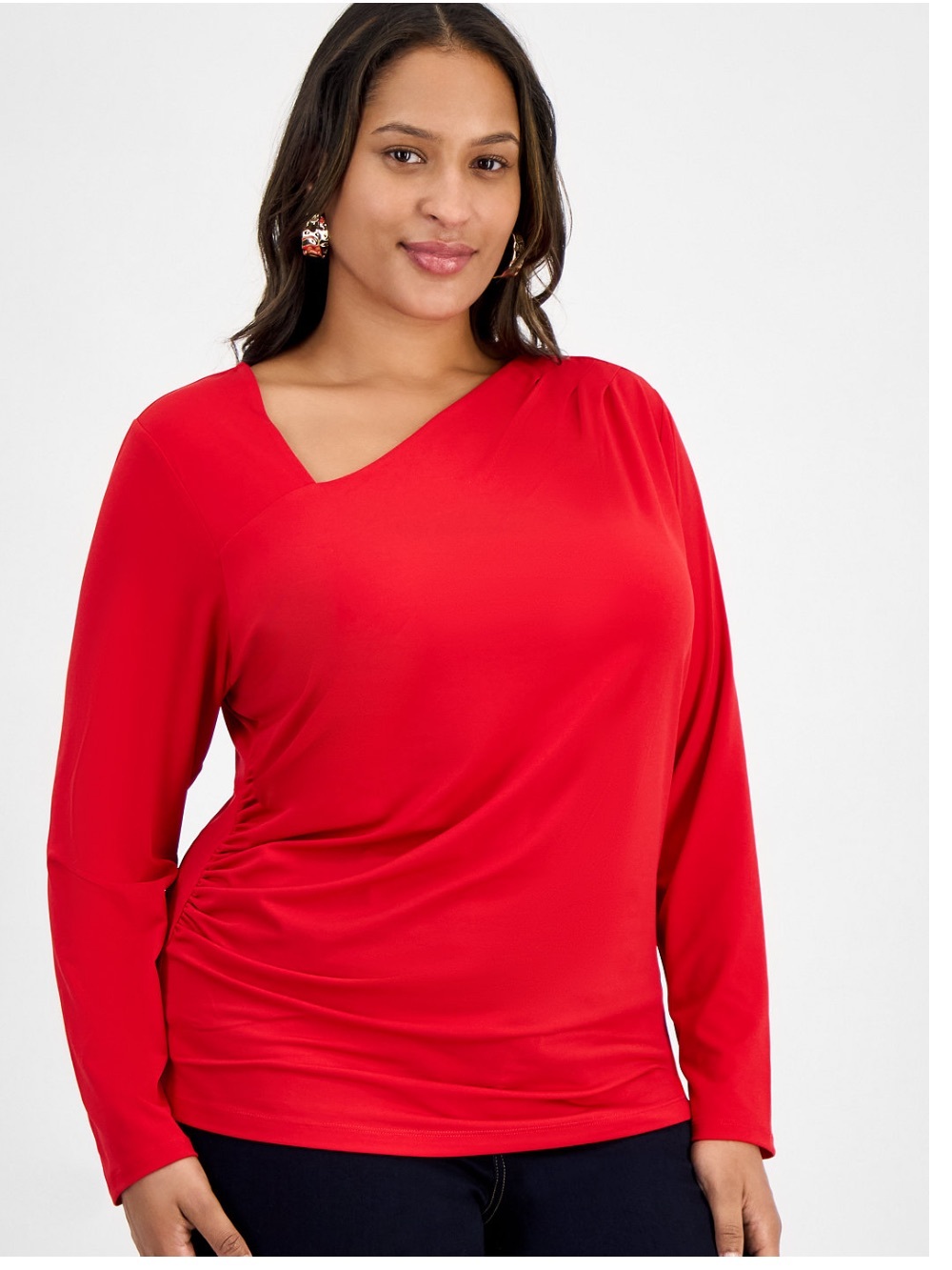 INC International Concepts Red Asymmetric V-Neck Long Sleeve Top Blouse Trendy